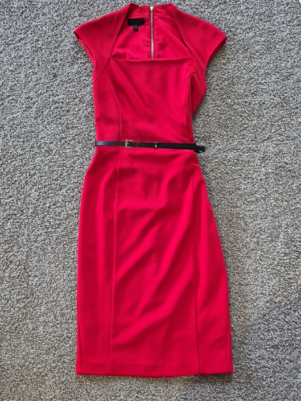 Ted Baker London Vibrant Red Midi Sheath Dress with Black Belt